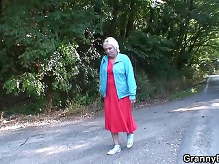 Hitchhiking blonde granny white-headed boy up with the addition of doggy-fucked roadside